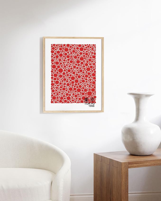 HAUS AND HUES Japandi Framed Posters – Red Japanese Yayoi Kusama Inspired Art, Circle Wall Art, Abstract Modern Japan Poster, Framed Wall Decor (12x16 Framed)