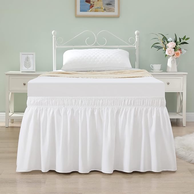 White Bed Skirt Twin Size 18 Inch Drop, Elastic Wrap Around Bedskirt | Solid ruffled, Wrap-around/elastic, Wrinkle & Fade resistant, with Adhesive Strips, Gift Packed, Machine Wash/Tumble Dry/Iron