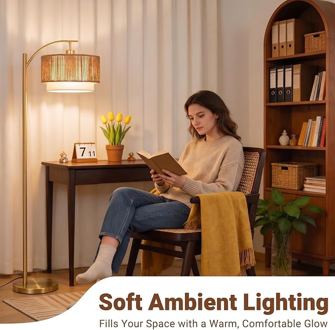 TJOY Arc Floor Lamp for Living Room, Boho Rattan & Fabric Shades