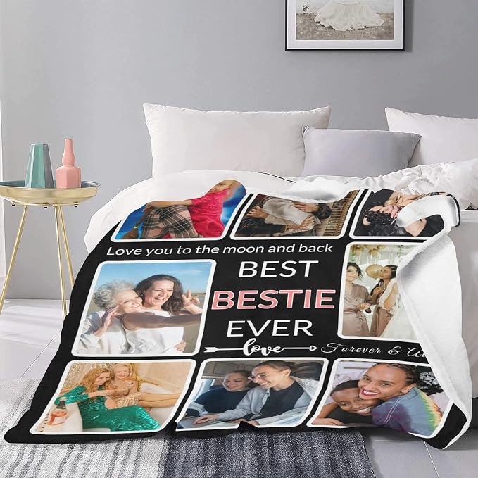 Gifts for Besties Customized Blanket with Photo, Make a Personalized Bestie Blankets with Picture, Custom Blanket Memories Souvenir for Best Bestie Ever, 8 Collage Made in USA