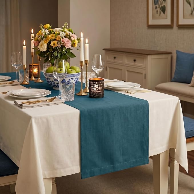 Solino Home 100% Linen Table Runner Peacock Blue Woven, Fete 14 x 72 in | brings a tailored look to family meals and hosting, European flax fibres, naturally breathable, soft, OEKO-TEX Certified