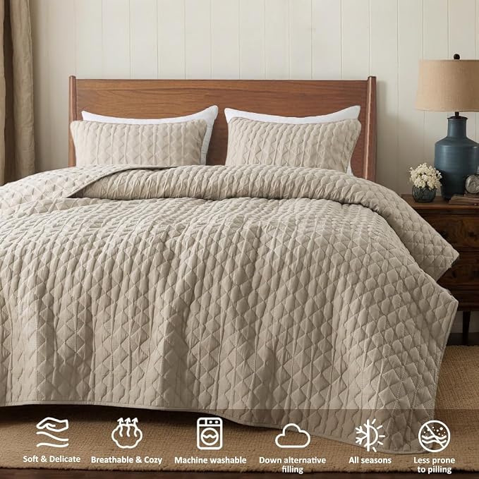 WDCOZY Beige Quilt Twin Size Bedding Sets with 1 Pillow Sham, Lightweight Bedspread Coverlet, Twin XL Thin Comforter Bed Cover, All Season Summer Spring, Tan Cream, 2 Pieces, 68x90 inches