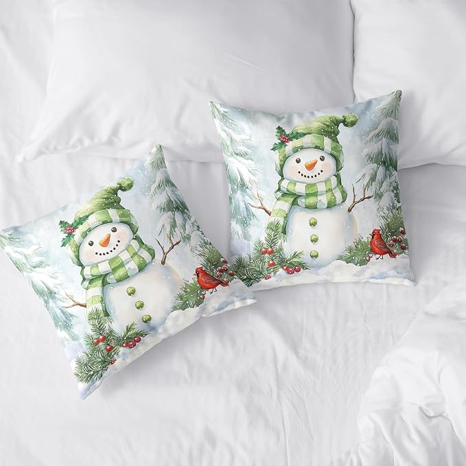 Set of 2 Winter Pillow Covers 24x24 Green Snowman Pine Tree Holly Berry Cardinal Bird Throw Pillow Covers Holiday Pillow Case for Home Decor Couch Sofa