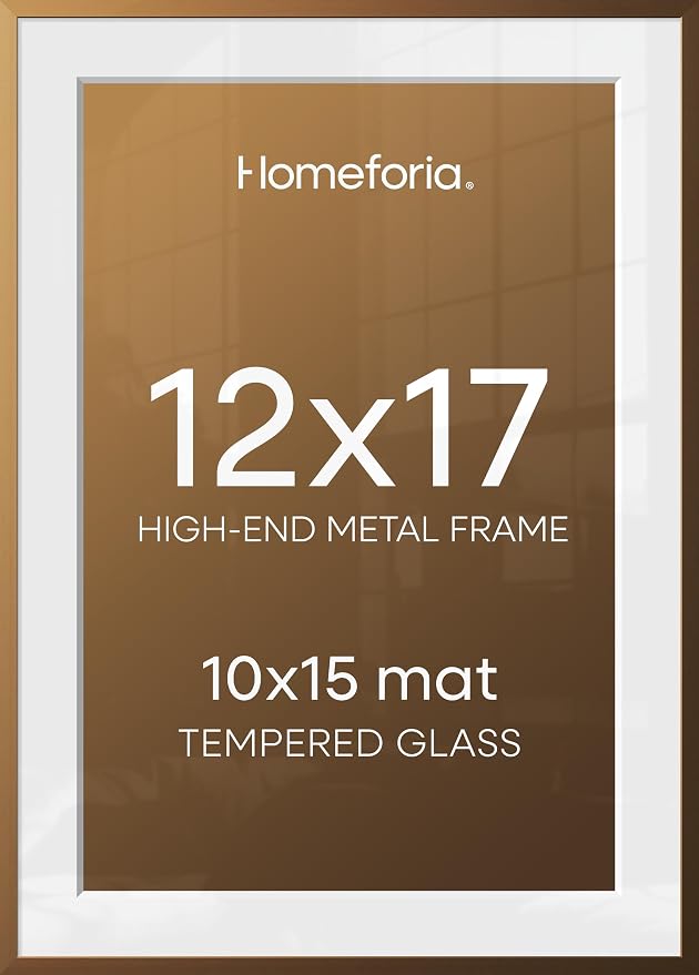 Homeforia 12x17 Bronze Picture Frame, High-End Metal, 10x15 Mat, Glass