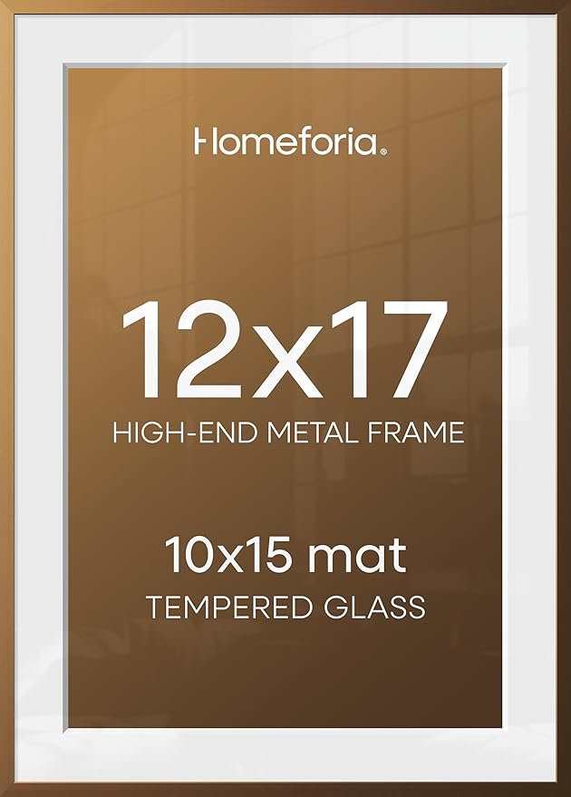 Homeforia 12x17 Bronze Picture Frame, High-End Metal, 10x15 Mat, Glass
