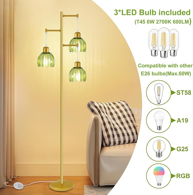 Tree Floor Lamp with 3 Light Bulbs, Vintage 3 Heads Flower Floor Lamp, Tall Gold Vintage Lamps with Brass Base Foot Switch, Boho Standing Lamps for Living Room with Green Glass Flower Shades