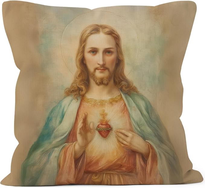 Christian Sacred Heart of Jesus Throw Pillow Covers Gifts 18x18, Vintage Religious Decor Pillow Cases for Bedroom Living Room, Jesus Decorative Square Pillowcases for Couch Bed Sofa