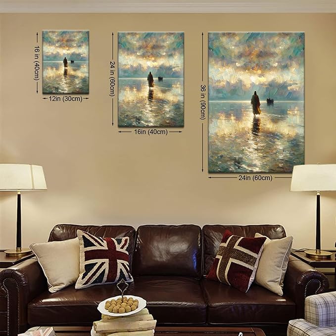 Framed Jesus Pictures for Wall God Canvas Wall Art Jesus Walking on Water Paintings print for Living Room Christian Art Decor Religious Posters Ready to Hang 12x16Inches