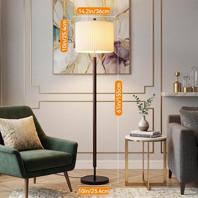 Mid-Century Modern Vintage Floor Lamp, 2-in-1 Pleated & Traditional Lampshade, Marble Base with Rotary Switch, Wooden Standing Lamp for Living Room, Bedroom, Home Decor, Bulb Included