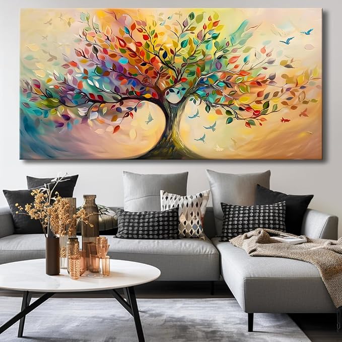 Vibrant Tree of Life Wall Art Colorful Framed Canvas Print for Living Room, Bedroom, Dining Room, or Home Office Modern Ready to Hang Decor,Nature Inspired Home Decoration - 24"x48"
