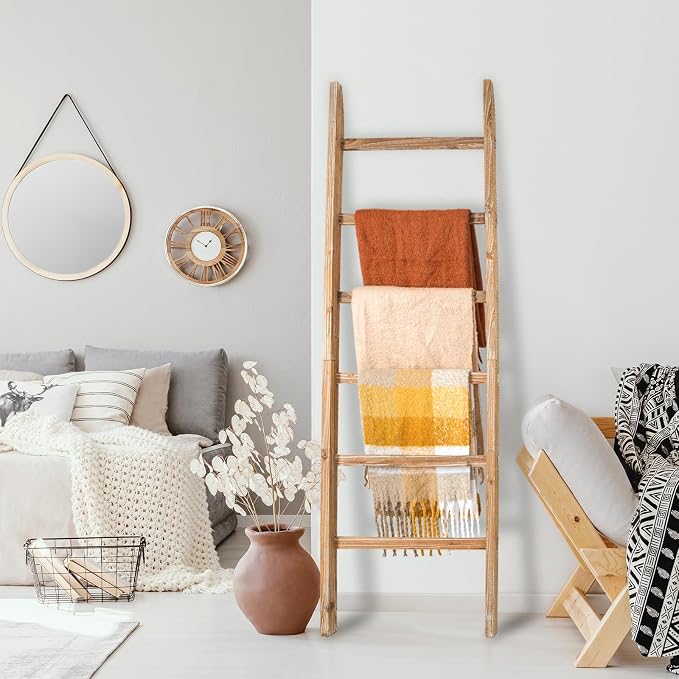 Blanket Ladder Shelf 6.4FT, 38 inch Wide Solid Wooden Blanket Ladder for Living Room, 6-Layer Farmhouse Rustic Quilt Rack for Living Room Bathroom