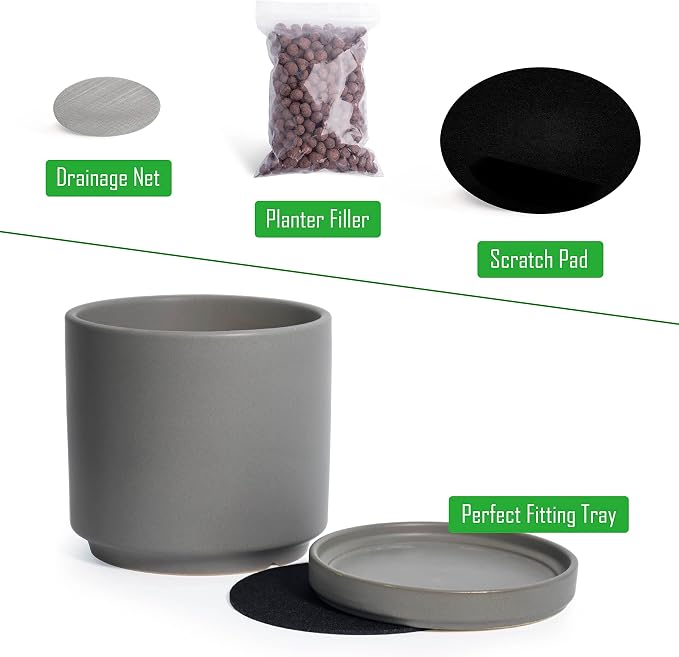 D'vine Dev 6 Inch Ceramic Planter Pot, Grey, 94-O-C-3 | Modern Cylinder Design, Drainage Hole & Saucer Included, Stable Structure, Elegant Home Accent