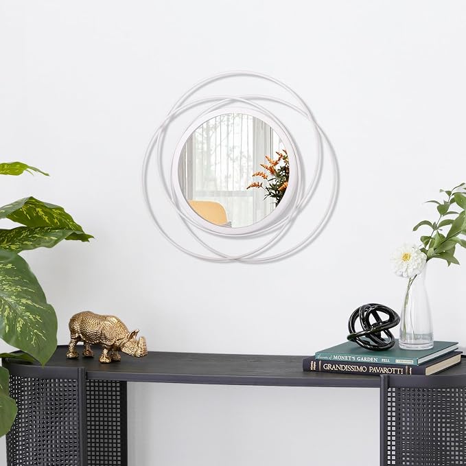 Wall Mirror Mounted Round Decorative Mirrors with Iron Metal Wire Frame Mirror for Wall, Home Decorative Bathroom Vanity, Living Room or Bedroom White Small 12"