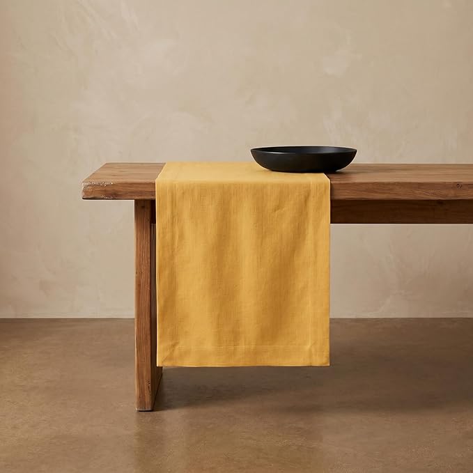 Solino Home 100% Pure Linen Dining Table Runner Yellow, Fete 14 x 144 in | dresses up dining tables for everyday meals, European flax fibres, handloomed texture, machine washable, OEKO-TEX Certified