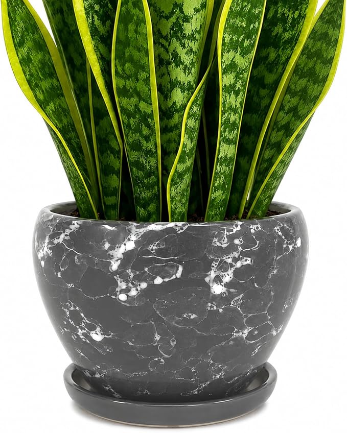 Deep Dream 8 Inch Plant Pots- Ceramic Pots for Plants with Drainage Hole and Saucer, Large Planter Pot for Indoor Plants Outdoor Decor, Gemstone Gray