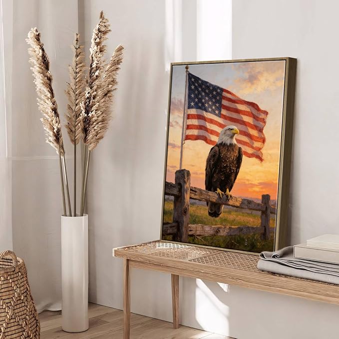 American Flag Framed Canvas Wall Art, 4th of July Patriotic Canvas Prints | USA Flag with Bald Eagle Poster Print, Vintage Independence Day Wall Decor for Bedroom Living Room 16×20in
