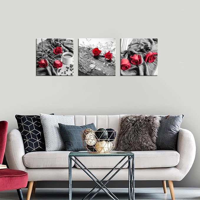 NAN Wind Canvas Print 3 Pcs Black and White Red Rose Canvas Art Painting Abstract Wall Art Decorations Flower Picture on Canvas for Home Decor Stretched and Framed (20X20inchX3pcs, B&w Rose)