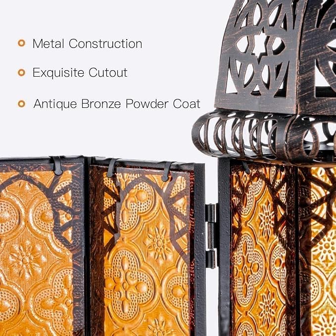 Ramadan Lanterns Decorative Indoor & Outdoor, 11’’ Medium Size Vintage Metal Hanging&Tabletop Candle Holder Decor, Halloween Christmas Moroccan Decorations for Home Porch Patio (Amber)