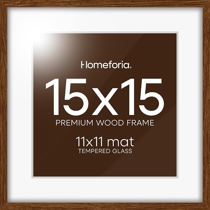 Homeforia 15x15 Brown Oak Picture Frame, High-End Wood, 11x11 Mat, Glass