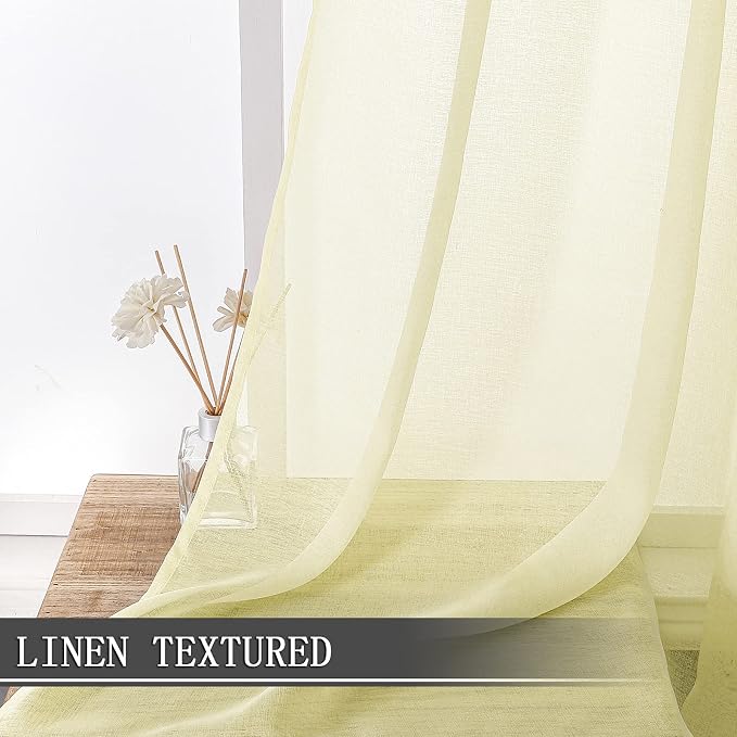 Tollpiz Sheer Curtains Linen Textured Living Room Curtain Sheers Light Filtering Rod Pocket Voile Curtains for Bedroom, 42 x 63 inches Long, Transparent Yellow, Set of 2 Panels