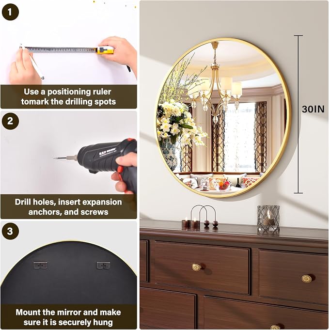 XRAMFY 30 Inch Round Mirror-Gold Circle Mirrors for Bathroom, Entryway | Modern Hanging Vanity Mirror for Livingroom, Wall Decor, Bedroom, Matte Gold Circle Decorative Wall Mirror