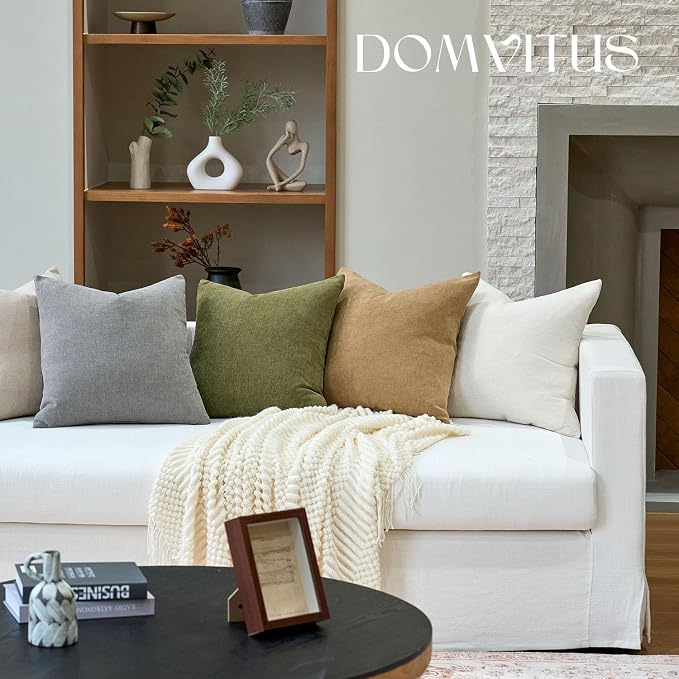 DOMVITUS Throw Pillow Covers 20x20 Pack of 2, Decorative Soft Soild Textured Accent Cushion Case, Neutral Boho Farmhouse Linen Pillow Covers for Couch Sofa Bedroom Living Room Home Decor, Khaki