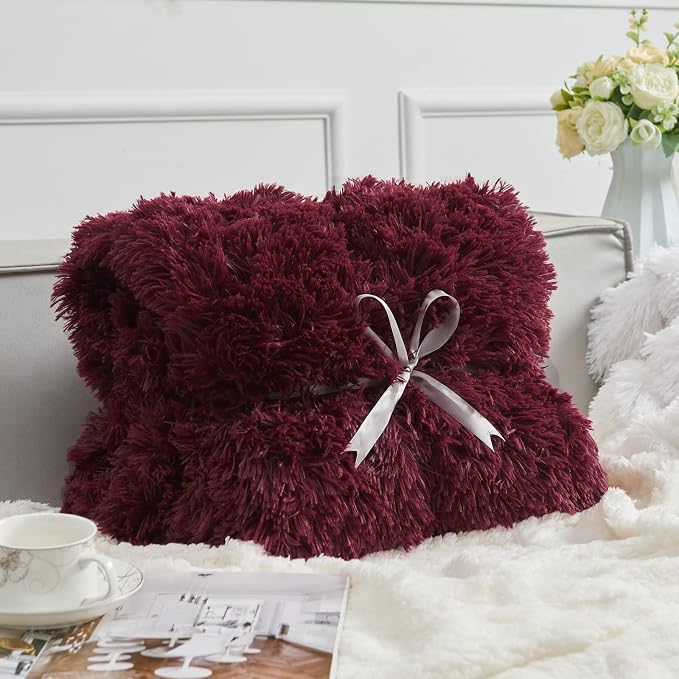 GONAAP Fuzzy Faux Fur Twin Blanket for Couch, Wine Red, 60"x80" | Warm Cozy Plush Shaggy Decorative Reversible Thick Non-Heated Fleece Blanket for Sofa Bed, Gift for Women Men, All Season Use