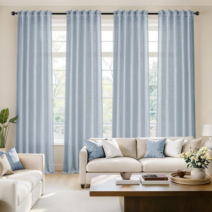 MIULEE Blue Back Tab Linen Curtains 4 Panels 42W x 84L | Linen material, light filtering, rod pocket back tab hanging, farmhouse decor for living room bedroom