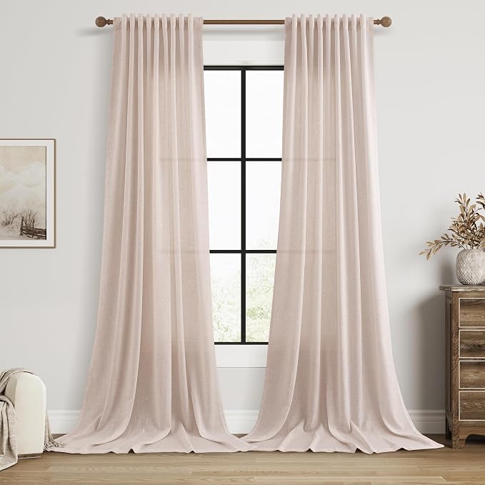 Extra Long Linen Curtains 120 Inches for Living Room Back Tab Semi Sheer High Floor to Ceiling 10ft Light Filtering Curtain Boho Farmhouse Window Drapes for Bedroom 2 Panels Natural White