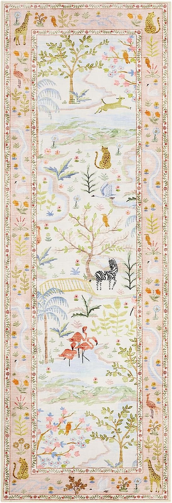 2x6 Hallway Runner Rug Non Slip Forest Nursery Runners Washable Stain Resistant Fairy Tale Whimsical Long Runner Carpets Girls Room Blush Safari Animal Rugs for Living Room Kitchen Bedroom, PeachBlush