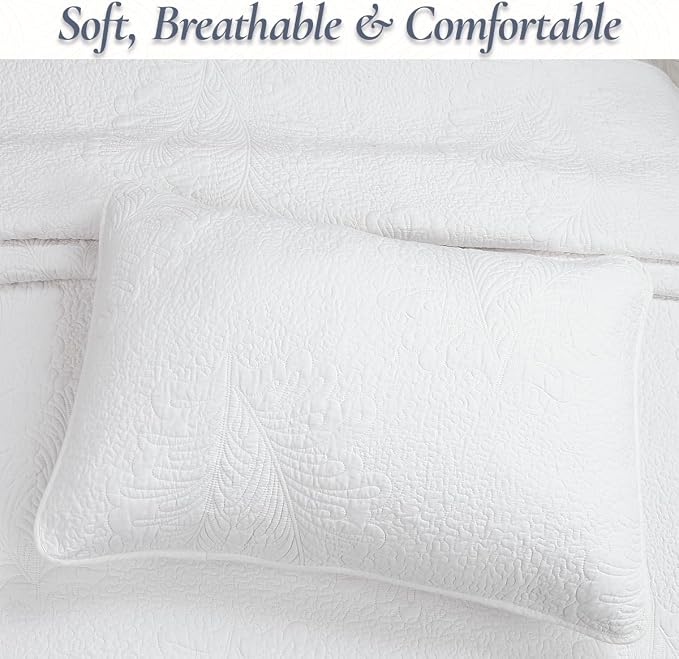 Cozy Line Home Fashions White Cotton Quilt Set Queen – 3-Piece Quilted Botanical Stitch Bedspread with Shams, Elegant All Season Bedding