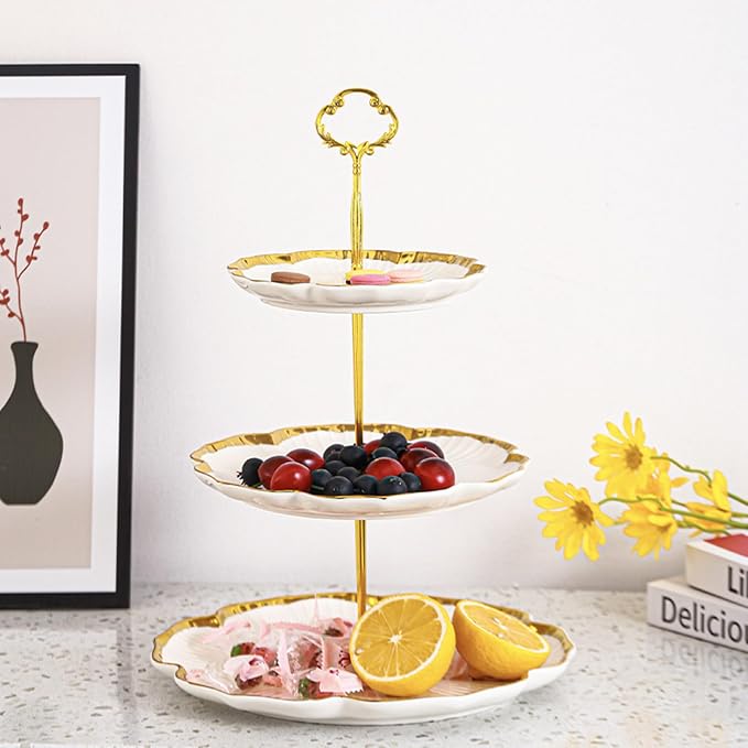 3 Tier Porcelain Serving Tray with Elegant Floral Gold Trim Embossed | Food Grade Tiered Cupcake Stand - Serving Stand for Parties Weddings Baby Showers