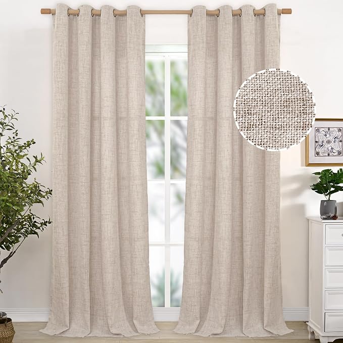 YoungsTex Extre Long Linen Curtains for Living Room 108 Inch Length | Bronze Grommet Natural Semi Sheer Textured Drapes Light Filtering for Bedroom, 2 Panel, 52 X 108 Inch