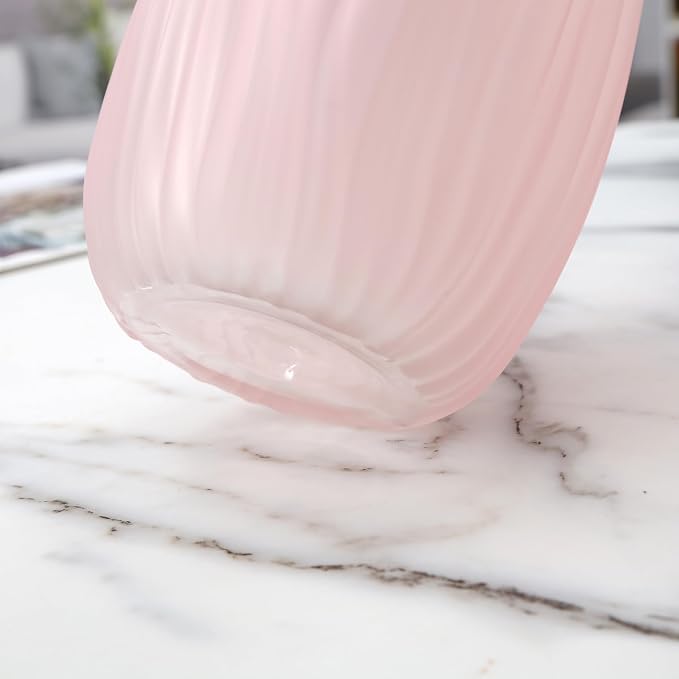 Large Ribbed Glass Vase 12in Frosted Pink Elegant Decorative Vases for Home Flowers Arrangements, Centerpieces, and Modern Décor