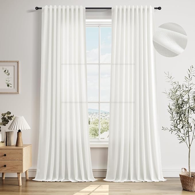 Extra Long Linen Curtains 108 Inch Length for Bedroom 2 Panels Set Privacy Textured Translucent with Light Filtering Elegant Semi Sheer Drapes for Bedroom Floor to Ceiling Ivory W52 x L108