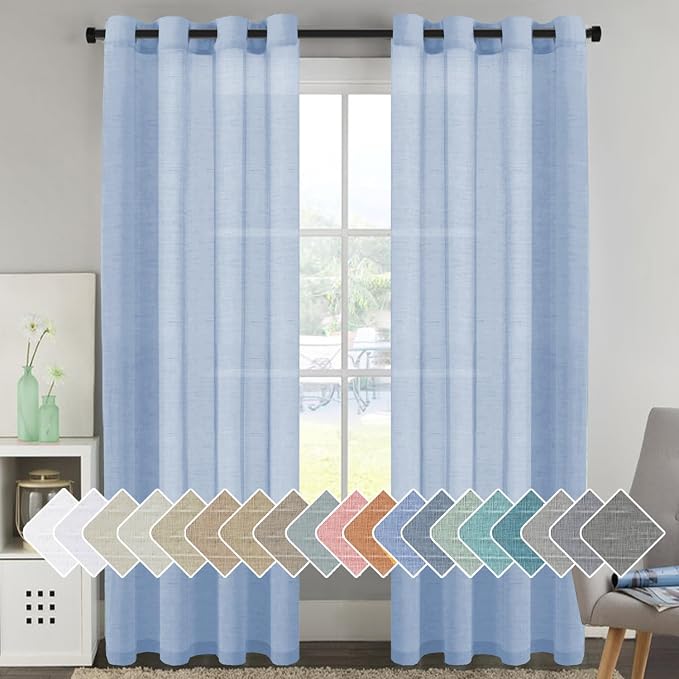 H.VERSAILTEX Linen Curtains Natural Blended Curtain Panels for Living Room/Light Reducing Linen Semi Sheer Curtains 96 inch Length 2 Panels Set Nickel Grommet Window Panels, 52" x 96", Chambray Blue
