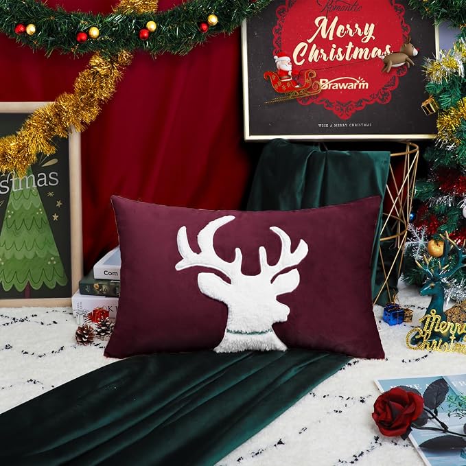 BRAWARM Christmas Pillow Cover 12 X 20 Inches, Burgundy Reindeer Embroidered Lumbar Pillow Cover, Soft Velvet Decorative Throw Pillow for Couch Bed Sofa Living Room Home