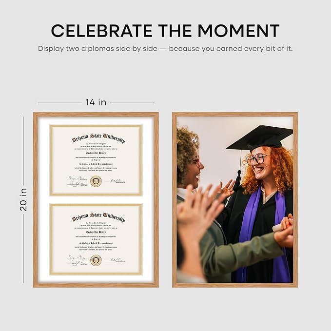 Homeforia 14x20 Natural Oak Diploma Frame, High-End Wood, 8.5x11 Mat, Glass