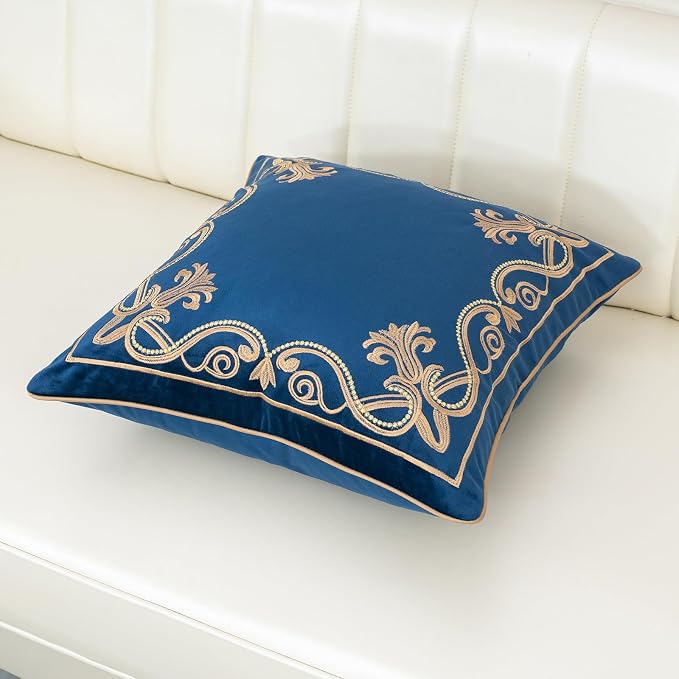 Aeckself European Floral Pillow Cover 18x18 Inch, Luxury Velvet Embroidered Decorative Throw Pillow Cover for Couch Bedroom Living Room, Navy Blue and Gold, Yw-OBYG-Blue4545