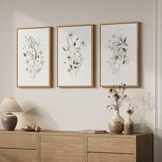 Framed 3 Piece Neutral Floral Botanical Wall Art for Living Room, 16x24 In | Minimalist flower pictures, Wood frame, Canvas Prints, Ready to hang artwork, Wall decor for bedroom dining room hallway