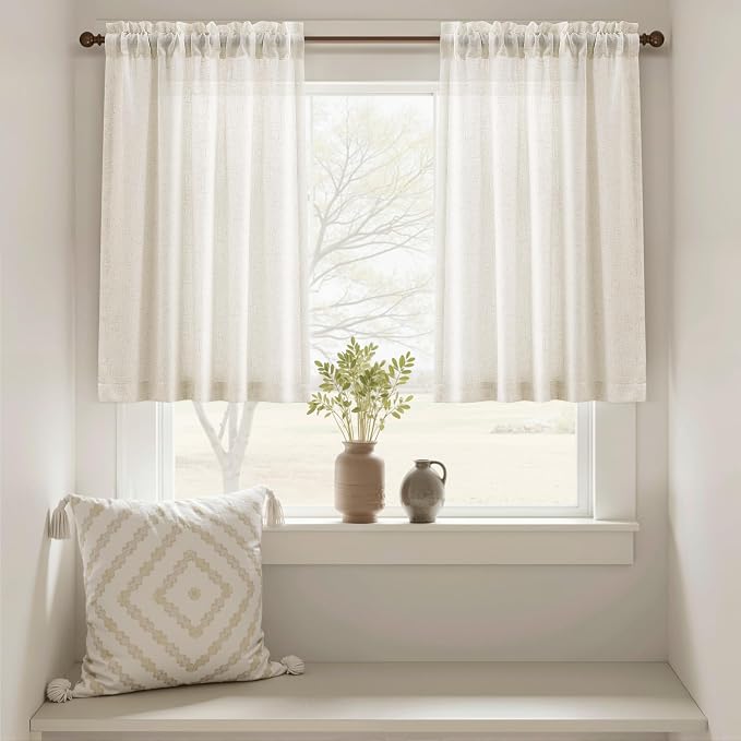 Linen Kitchen Curtains Tier 24 Inch Long for Cafe Rod Pocket Natural Cream Semi Sheer Curtain 2 Panel Light Filtering Half Window Drapes for Bathroom Basement Camper RV Beige Ivory 30x24