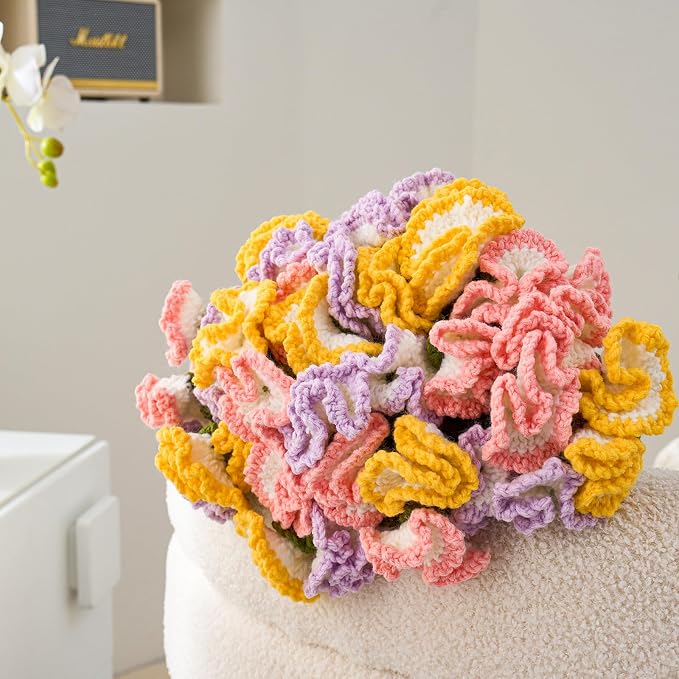 Longhui bedding Hand Crochet Carnation Bouquet Throw Blanket - 40 Inch, Symbol of a Mother‘s Love, Ultimate Gift for Mom & Wife | Perfect for Mother’s Day, Valentine‘s & Anniversary