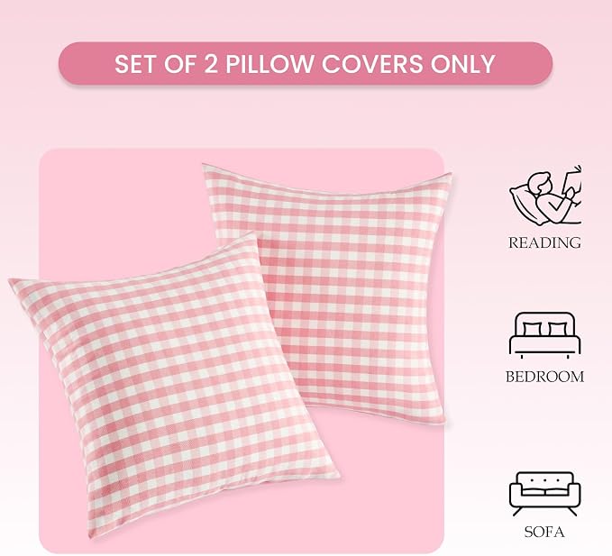Cute Pink And White Gingham Plaid Pillow Covers 18x18 Set of 2, Light Pink Living Room Decor Throw Pillows For Bed Couch, Farmhouse Outdoor Square Cushion Covers 18 x 18 (No Pillow Inserts)