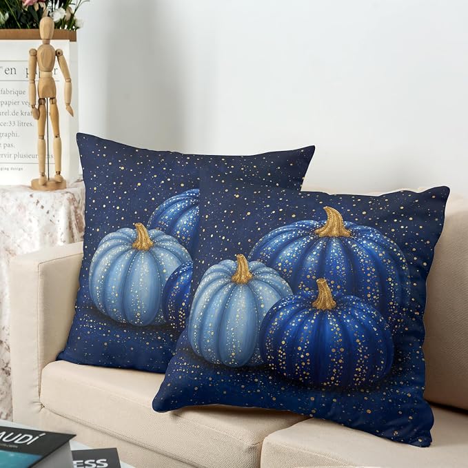Fall Pillow Covers Autumn Blue Pumpkin Throw Pillow Covers 24x24 Set of 2 Thanksgiving Pillow Cases Harvest Gold Dotted Pumpkins Cushion Cases for Home Farmhouse Sofa Couch
