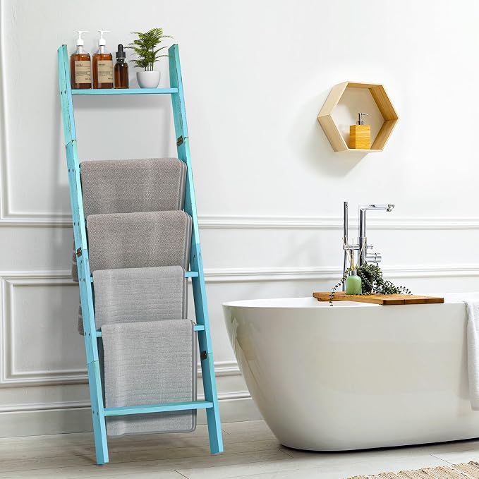 Honest Blanket Ladders for the Living Room, 6-Tier Blanket Holder, Wall-Leaning Blanket Rack, Ladder Shelves, Wooden Quilt Ladder, Farmhouse Decor, Blue
