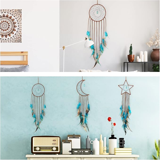 Jetec 3 Pcs Dream Catcher for Girl Star Sun Moon Decor,Dark Blue