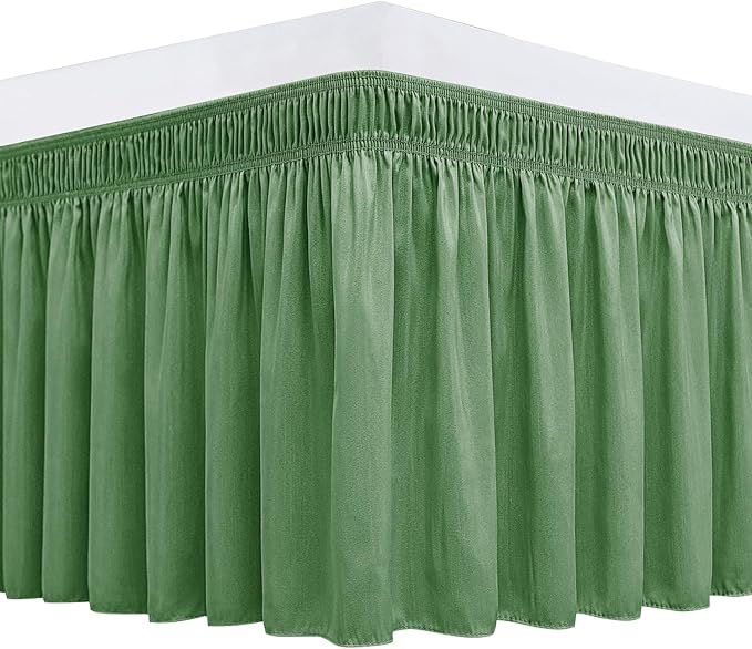 Wrap Around Bed Skirt King Size 17 Inch Drop-Elastic Dust Ruffle Sage | Adjustable Pleated Bedskirt-Easy Fit Wrinkle Resistant Washable Hotel Quality Fabric Bed Skirting-Master Guest Bedroom Rental