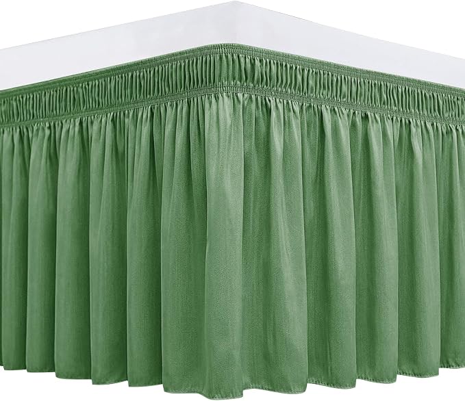 Wrap Around Queen Size Bed Skirt 14 Inch Drop-Elastic Dust Ruffle Sage | Adjustable Pleated Bedskirt-Easy Fit Wrinkle Resistant Washable Hotel Quality Fabric Bed Skirting-Master Guest Bedroom Rental