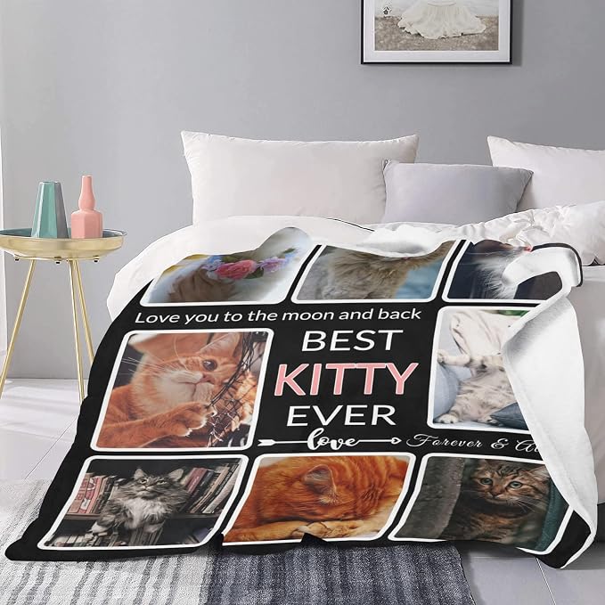 Customized Blanket with Photo, Make a Personalized Blankets with Picture Customizable Memories Souvenir Throws Blanket Gift for Best Kitty Ever, Forever & Always, 8 Collage Made in USA