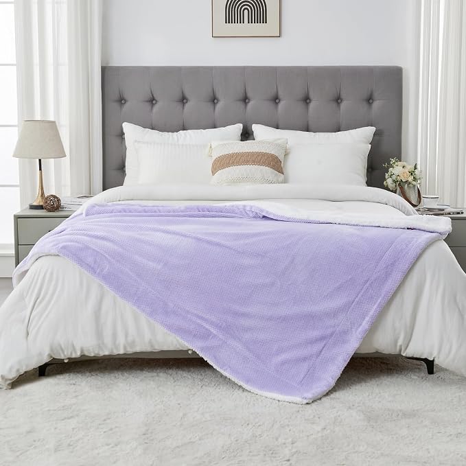 SOCHOW Waffle Sherpa Fleece Throw Blanket, Super Soft Fuzzy Warm, Lightweight Fluffy Reversible Plush Blanket for Bed Sofa Couch, 50 x 60 Inches Lilac
